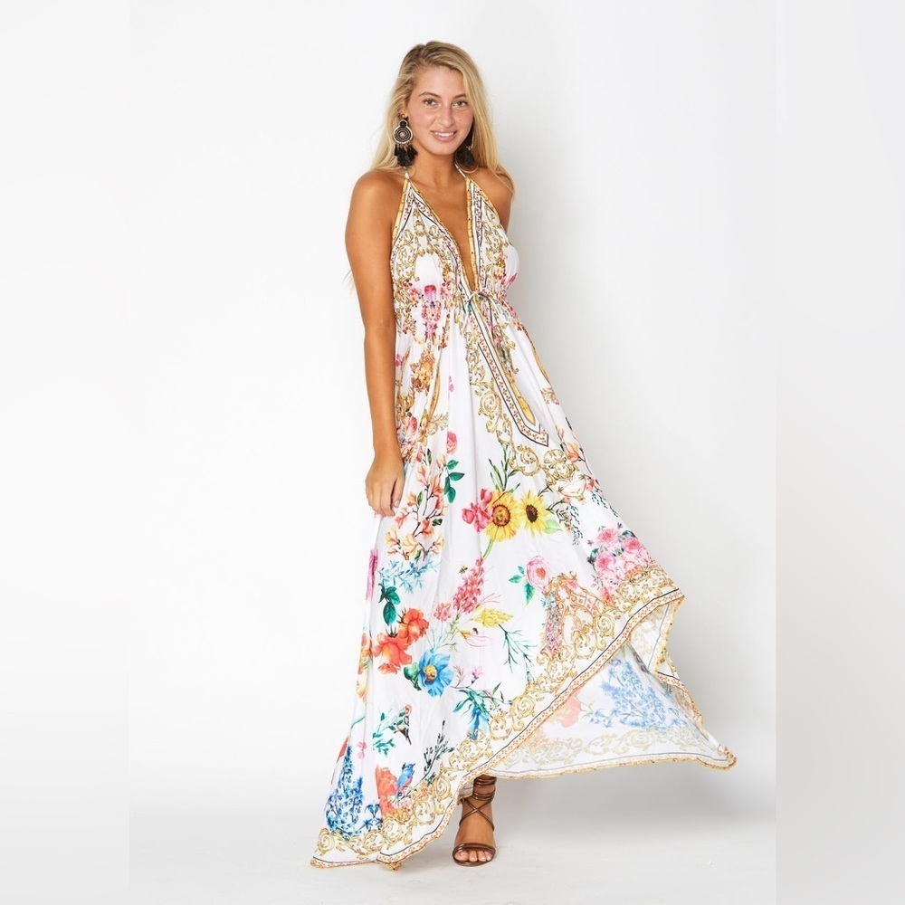 Renee’s White Floral V Neck Embellished Halter Satin Maxi Dress One Size